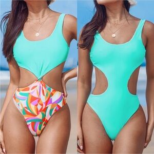 Cupshe Swimsuit Women’s Size Medium Aqua Geometric Reversible Multi Way NWT